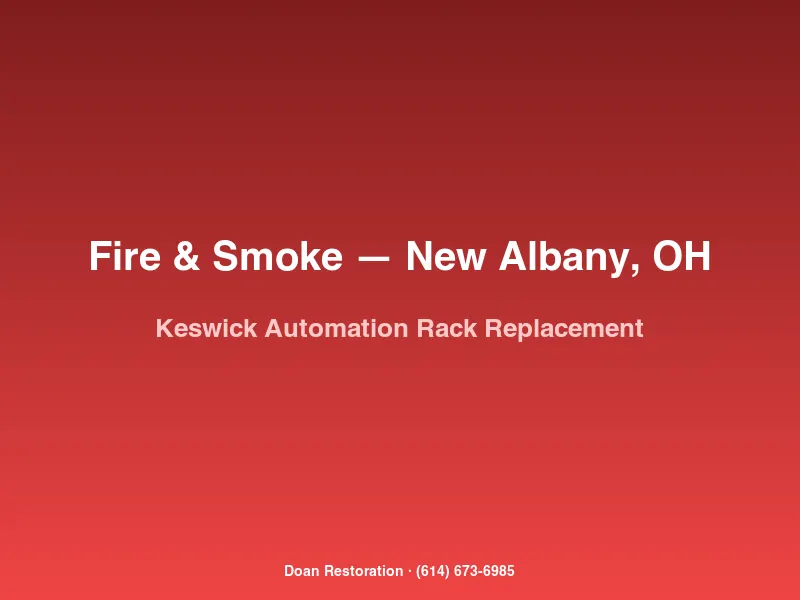 Doan Restoration crew coordinating with AV integrator to replace a fire-damaged Crestron rack in a Keswick neighborhood home in New Albany, OH.