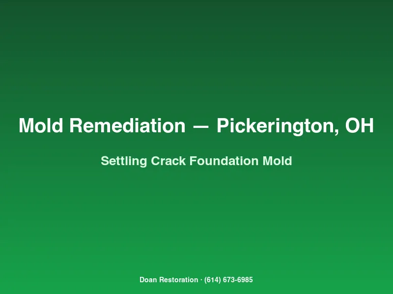 Mold remediation Pickerington new construction basement settling crack with adjacent mold growth on poured concrete wall