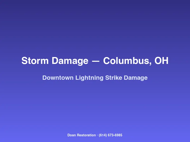 Doan Restoration crew assessing lightning-strike damage to a downtown Columbus brick building rooftop with electrical panel damage