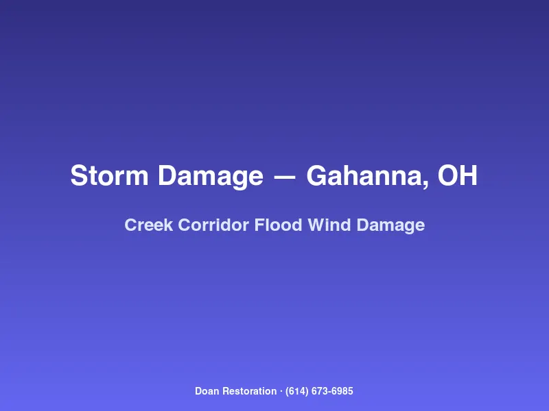 Combined creek flooding and wind damage to a Gahanna home along the Big Walnut Creek corridor with debris in yard
