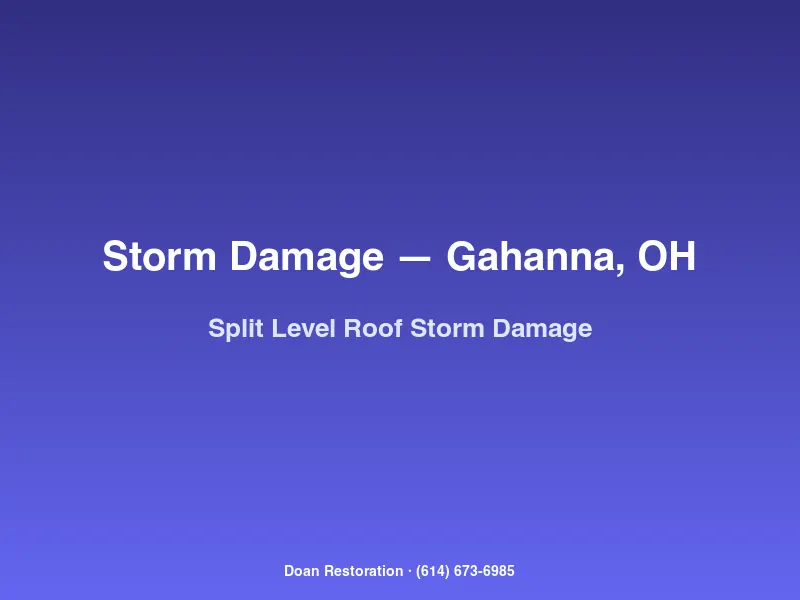 Storm-damaged shingle roof on a Gahanna split-level home with torn shingles and water-stained ceiling visible inside