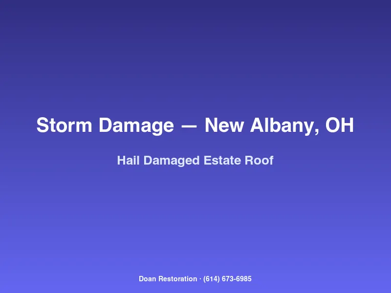 Hail-damaged natural slate roof on a large New Albany Country Club estate home with broken slate tiles visible