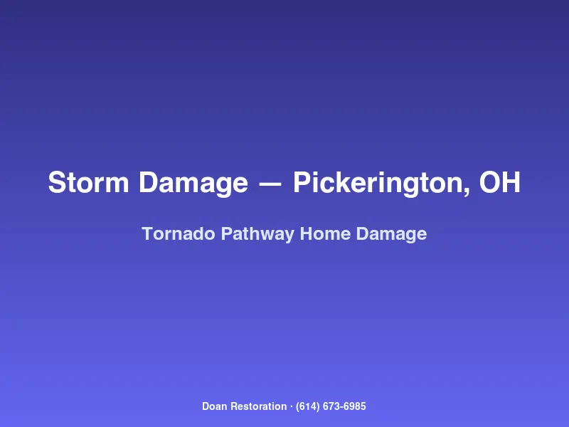 Tornado-pathway storm damage to a Pickerington home with torn shingles broken windows and scattered yard debris
