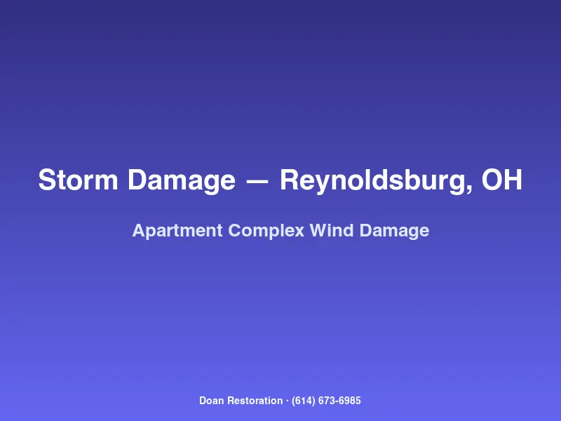 Severe wind damage to a Reynoldsburg apartment complex with torn roofing and damaged siding across multiple units