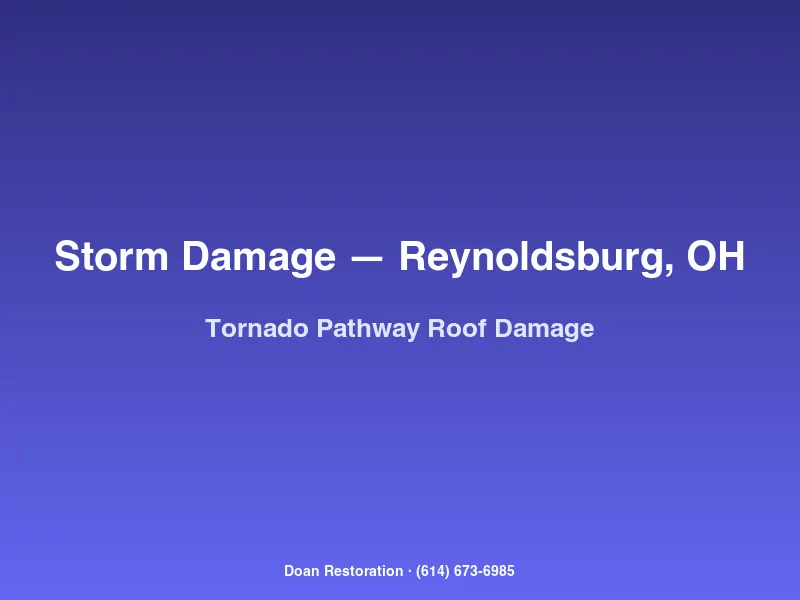 Tornado-pathway roof damage on a Reynoldsburg single-family home with torn shingles and exposed roof decking