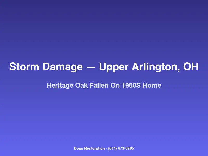 Massive heritage oak tree fallen across a 1950s mid-century Upper Arlington home with crushed roof and broken rafters