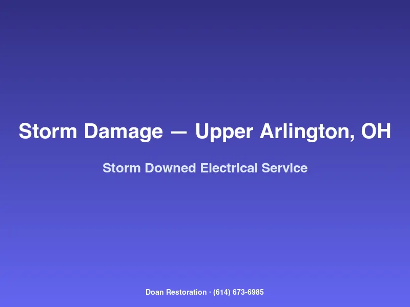 Storm-downed electrical service masthead and weatherhead on an Upper Arlington home with AEP Ohio repair crews on site
