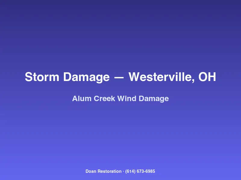 Wind-damaged Westerville home near Alum Creek with torn siding and downed gutters after a severe Central Ohio storm