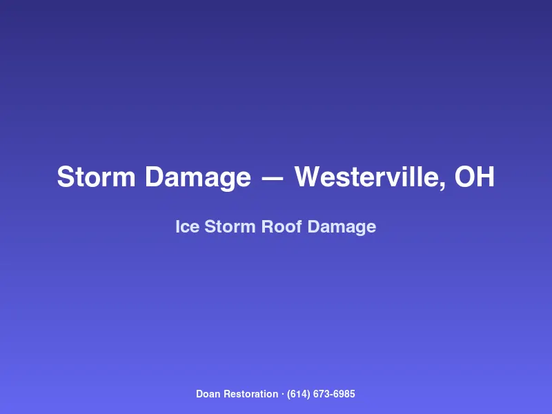 Ice-storm damage to a Westerville home roof with collapsed gutters and broken tree limbs across shingles