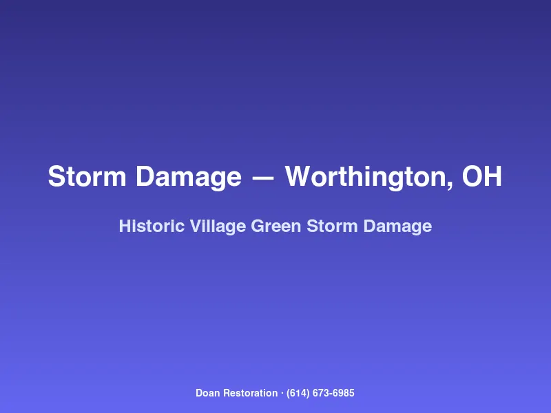 Storm-damaged historic home on Worthington Village Green with damaged slate roof and downed mature tree limbs