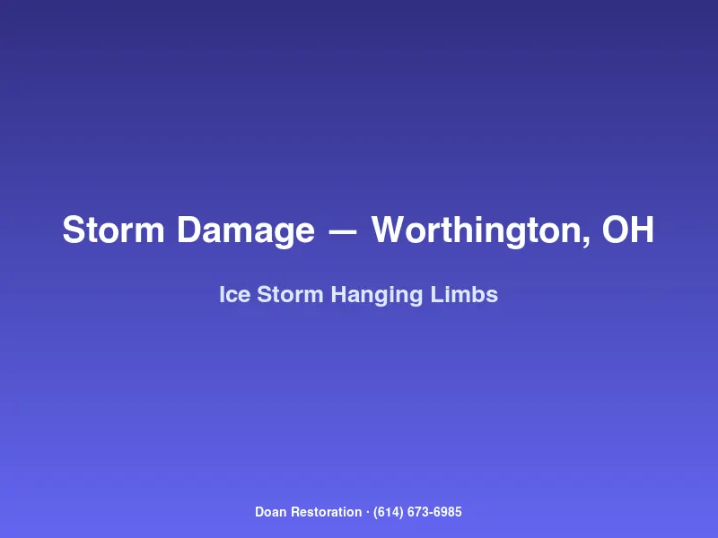 Ice-storm damaged mature trees with cracked hanging limbs over a Worthington historic home roof requiring mitigation removal