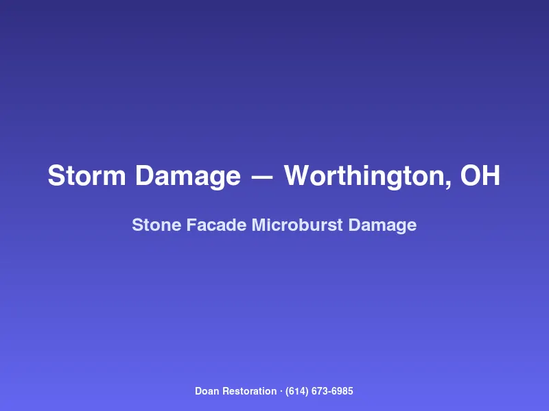 Microburst-damaged limestone facade on a historic Worthington home with displaced fieldstone and damaged mortar joints
