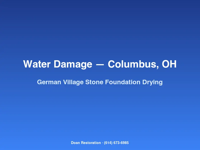 Commercial dehumidifiers drying a German Village stone foundation basement after a burst pipe water damage event in Columbus.